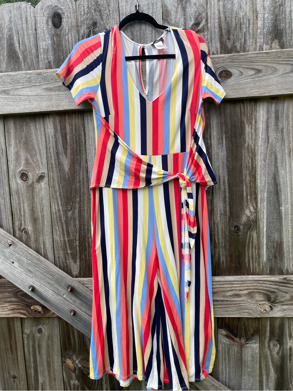 Striped Wrap-Front Short Sleeve Jumpsuit in Multi Color size 1X